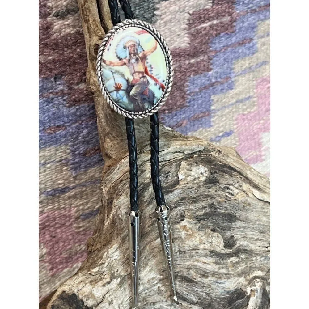 Chief Horse Southwestern Lariat Indian chief headdress Bolo Tie Western necklace - Picture 2 of 9